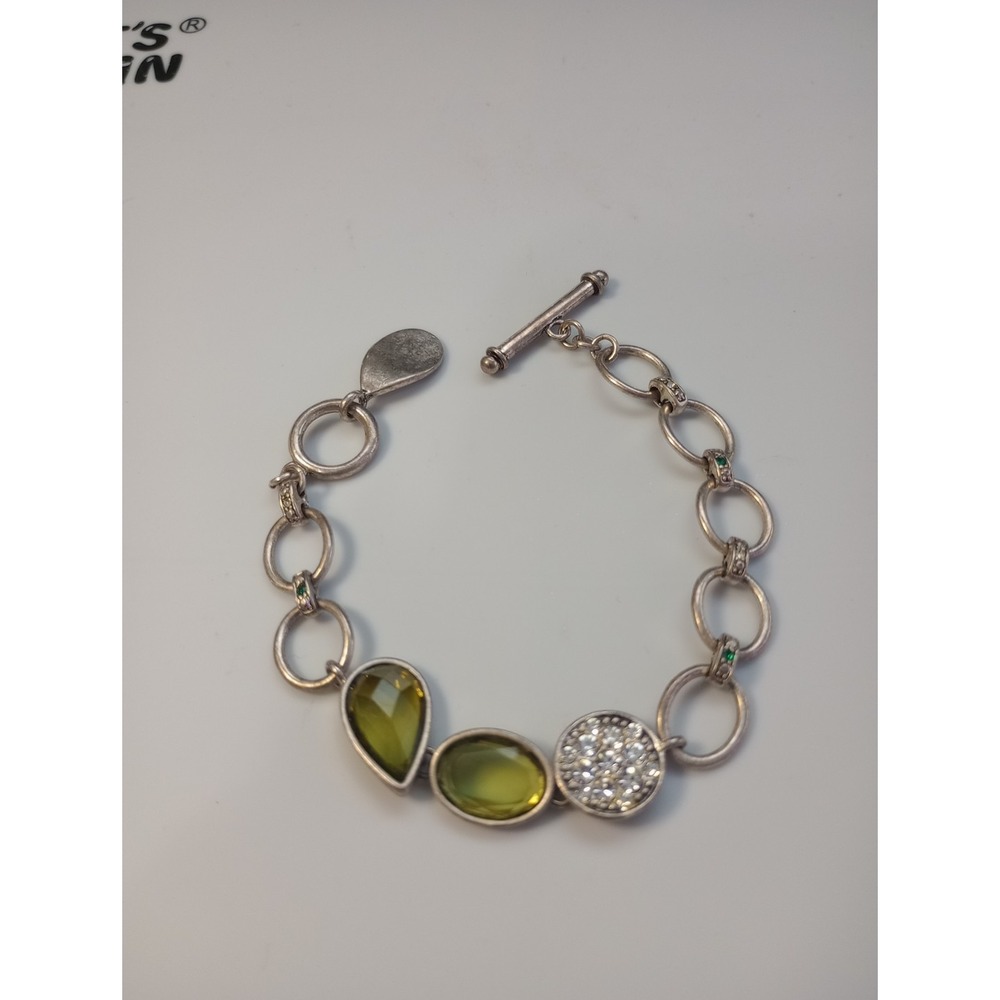 Lia Sophia 7.5" Silver Tone Chain & Green Rhinestone "Hypnotic" Bracelet‎